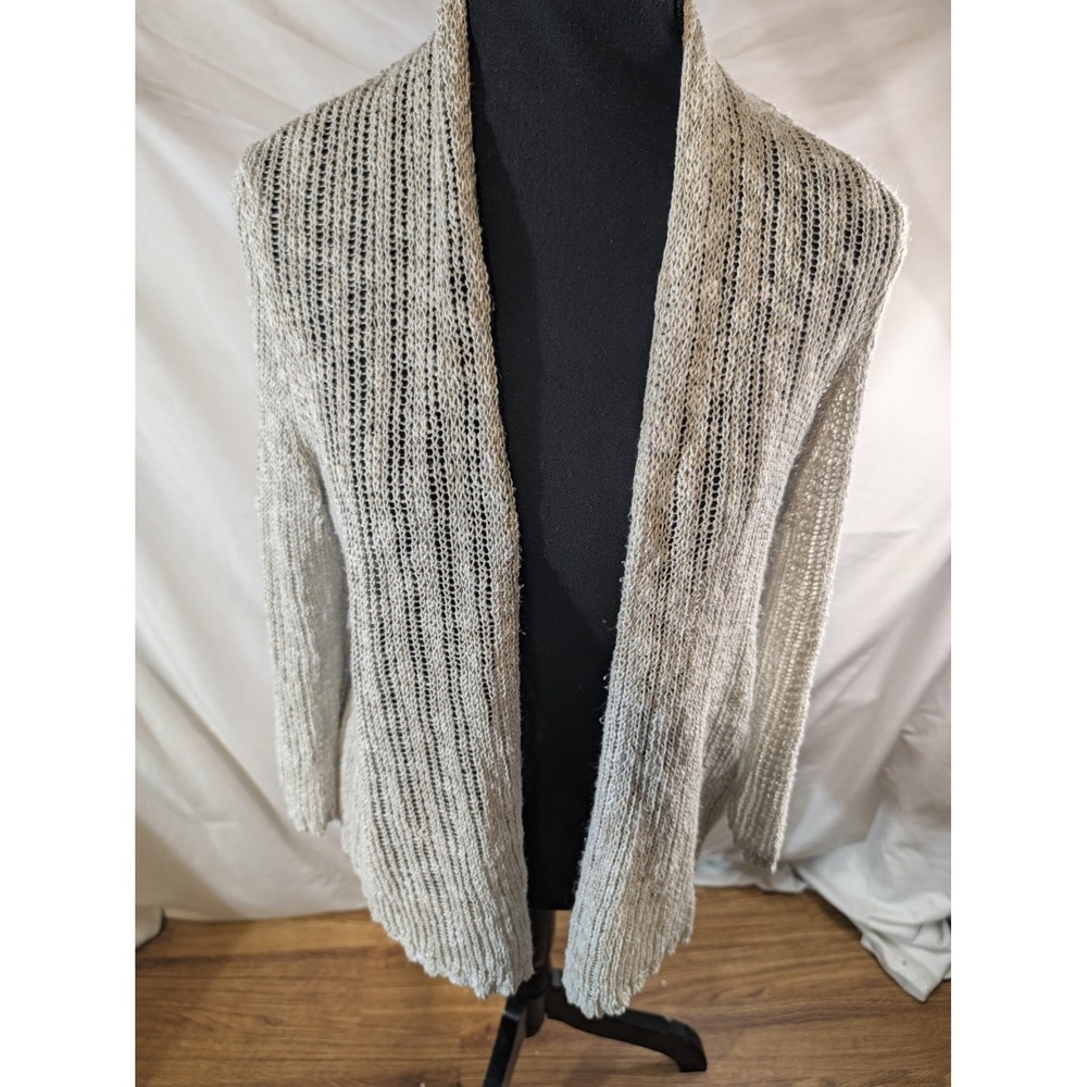 Eileen Fisher Cardigan Medium Gray Silk Linen Blend Open Front Minimalist Knit
